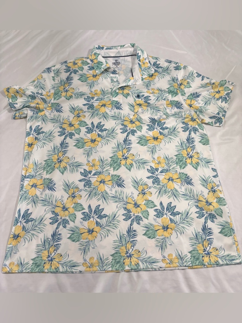Izod Saltwater White Polo with Yellow Floral & Green Leaf Print